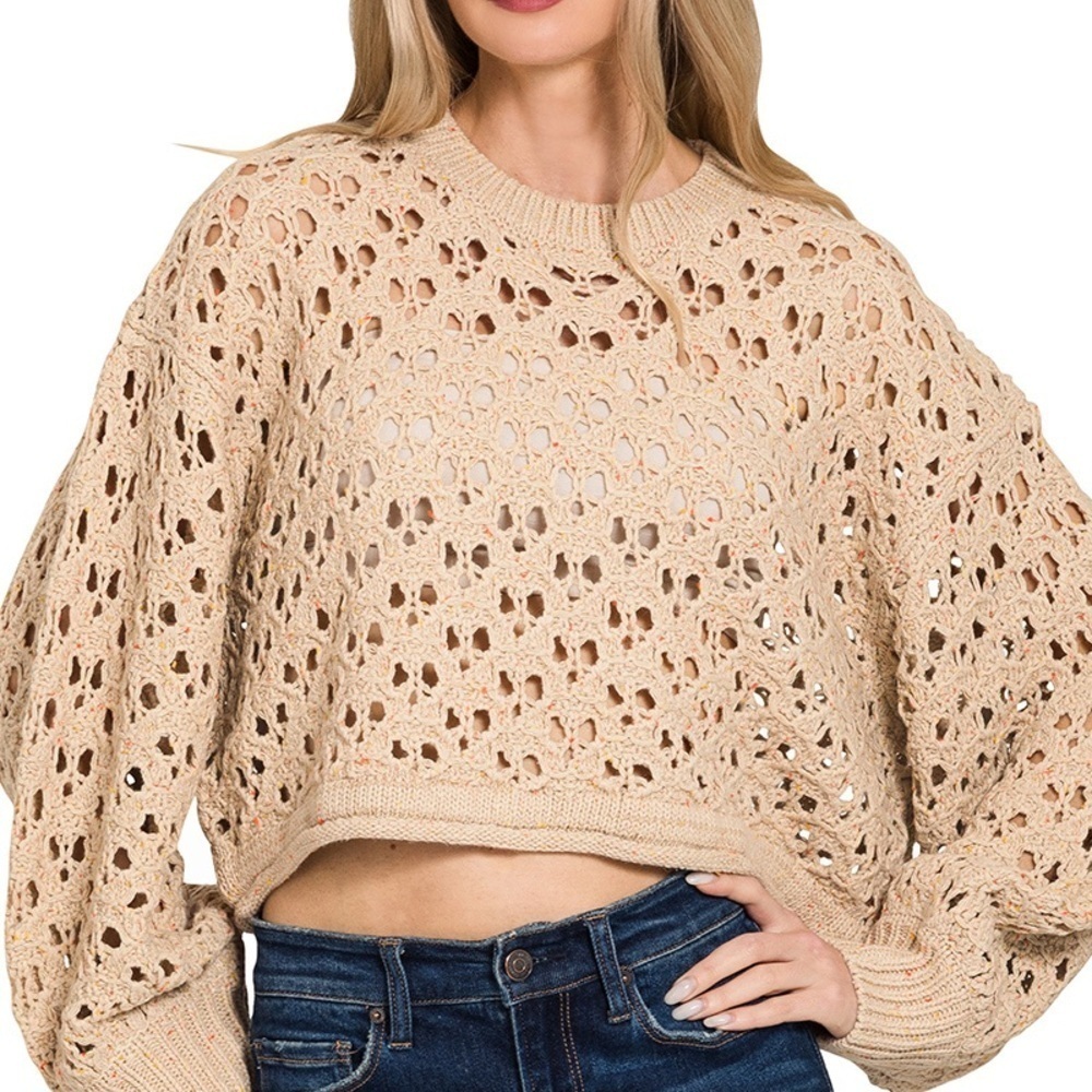 “ Spiced Chai Crochet “ Balloon Sleeve Sweater | Light Mocha